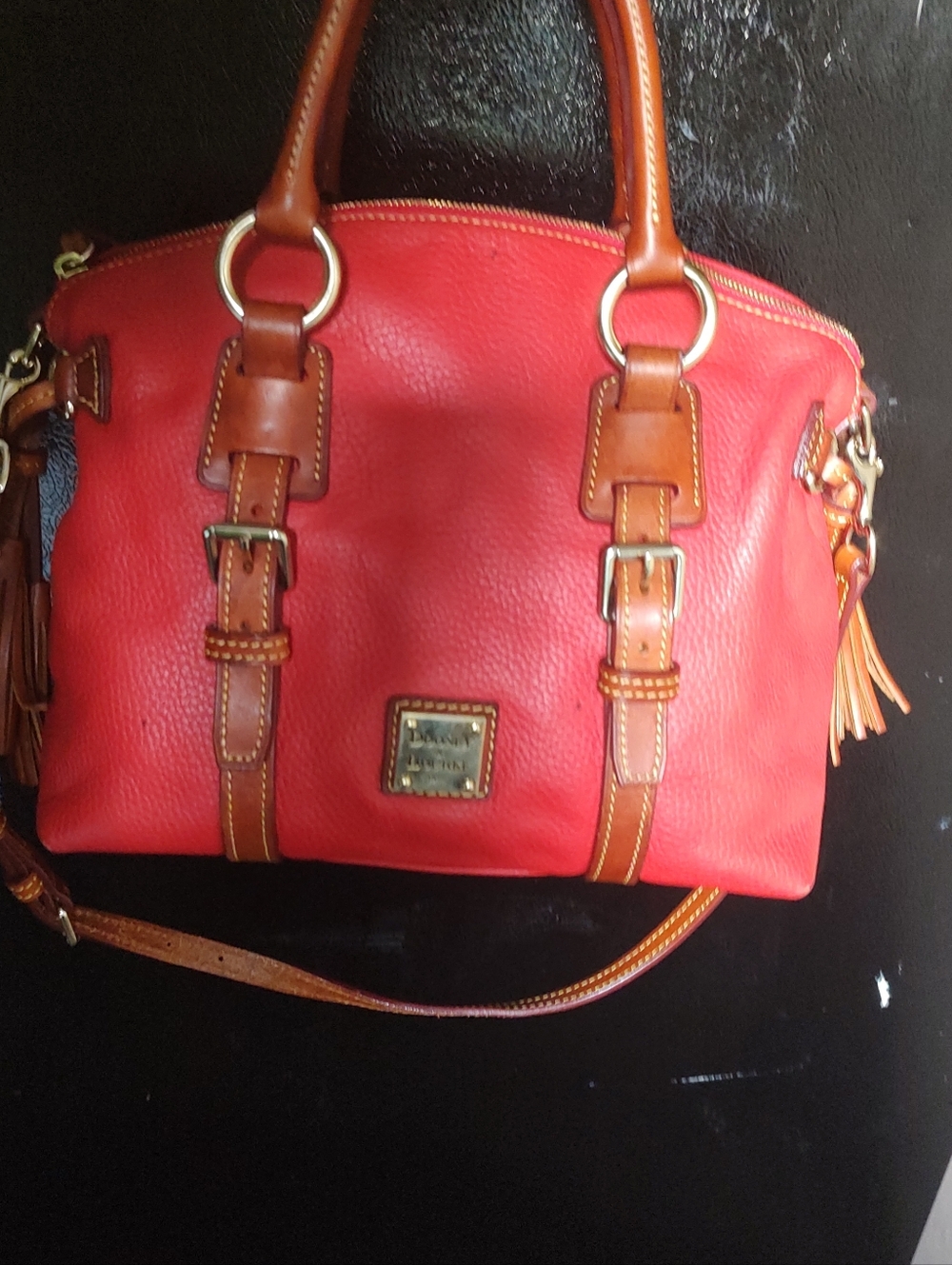 Dooney & Bourke Red Satchel Brown Trim Florentine Leather Bristol Pebble